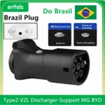 Adaptador V2L para veículos elétricos Tipo 2, compatível com MG BYD V2L e plugue brasileiro.