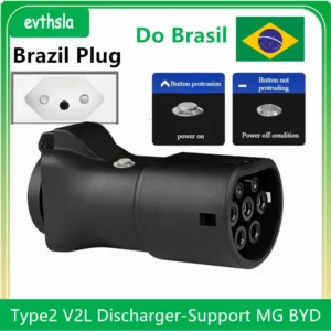 Adaptador V2L para veículos elétricos Tipo 2, compatível com MG BYD V2L e plugue brasileiro.