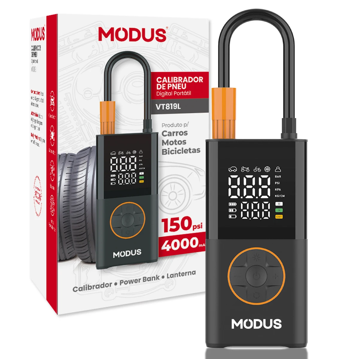 Mini Portable Rechargeable Air Pump, Wireless Air Compressor, Fill Tyre With Tire Calibrator And LED Emergency Light - Imagem 8