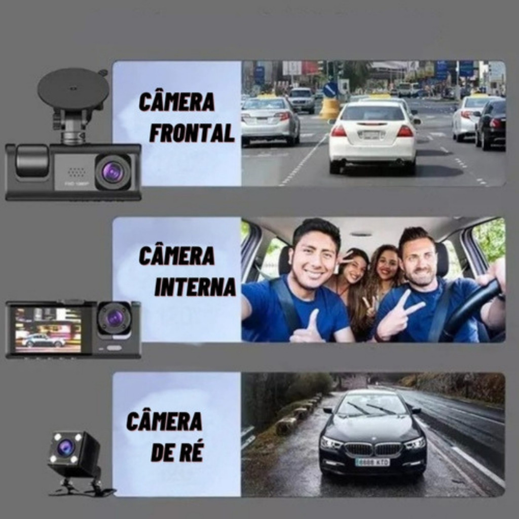 Câmera de Segurança Veicular DVR com 3 Lentes – Gravador de Vídeo 1080P – Gravação Frontal, Interna e Traseira - Imagem 6