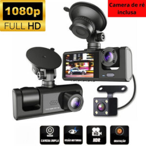 Câmera de Segurança Veicular DVR com 3 Lentes – Gravador de Vídeo 1080P – Gravação Frontal, Interna e Traseira