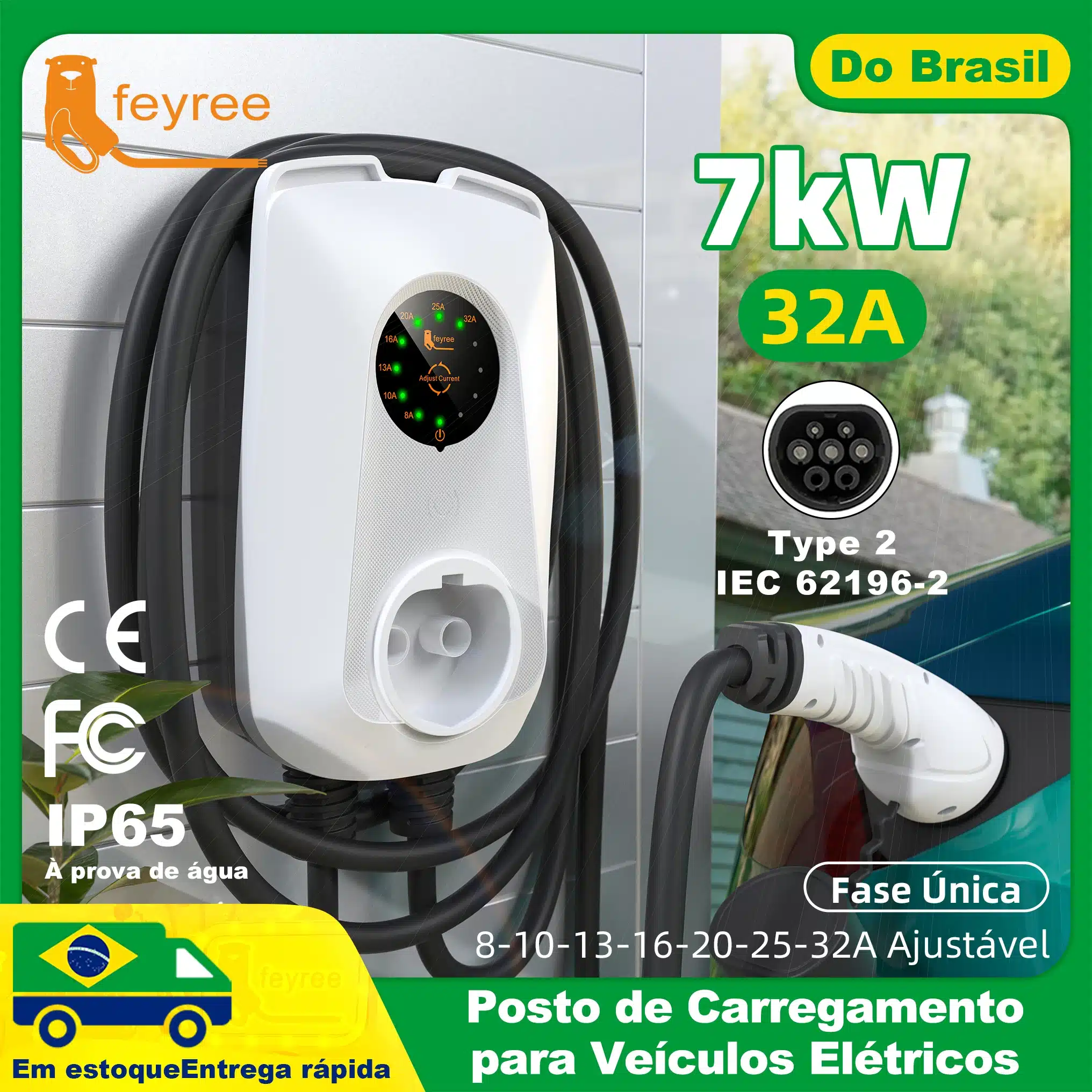 Carregador Veicular Wallbox Elétrico Tipo 2 32A 7kW feyree