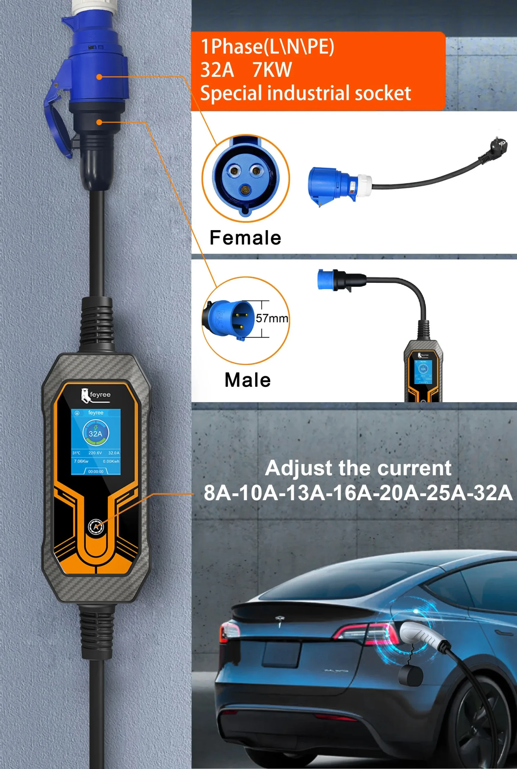 Carregador Portátil Feyree 32A 7kW Tipo 2 para Veículos Elétricos - Imagem 7