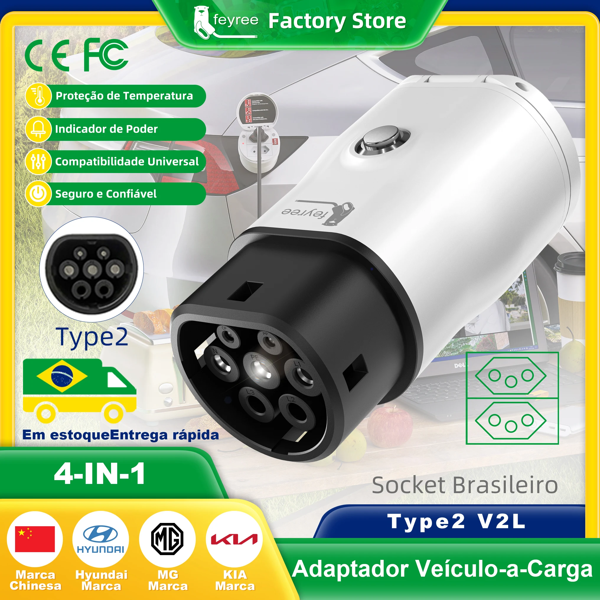 Adaptador V2L Tipo 2 Feyree com Tomada Brasileira 10A/20A para Veículos Elétricos