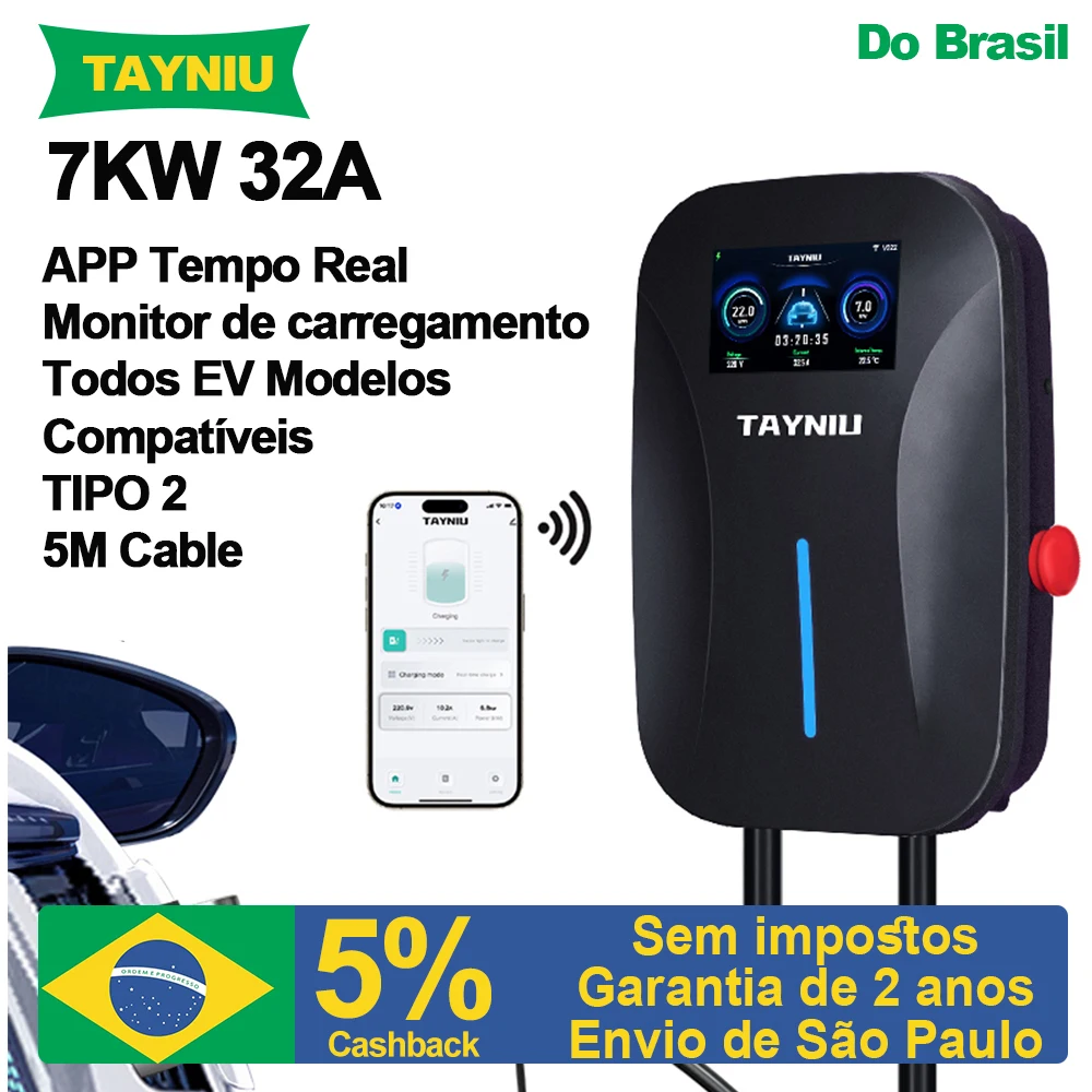 Carregador Veicular TAYNIU 7kW Tipo 2 Wallbox com Controle via App