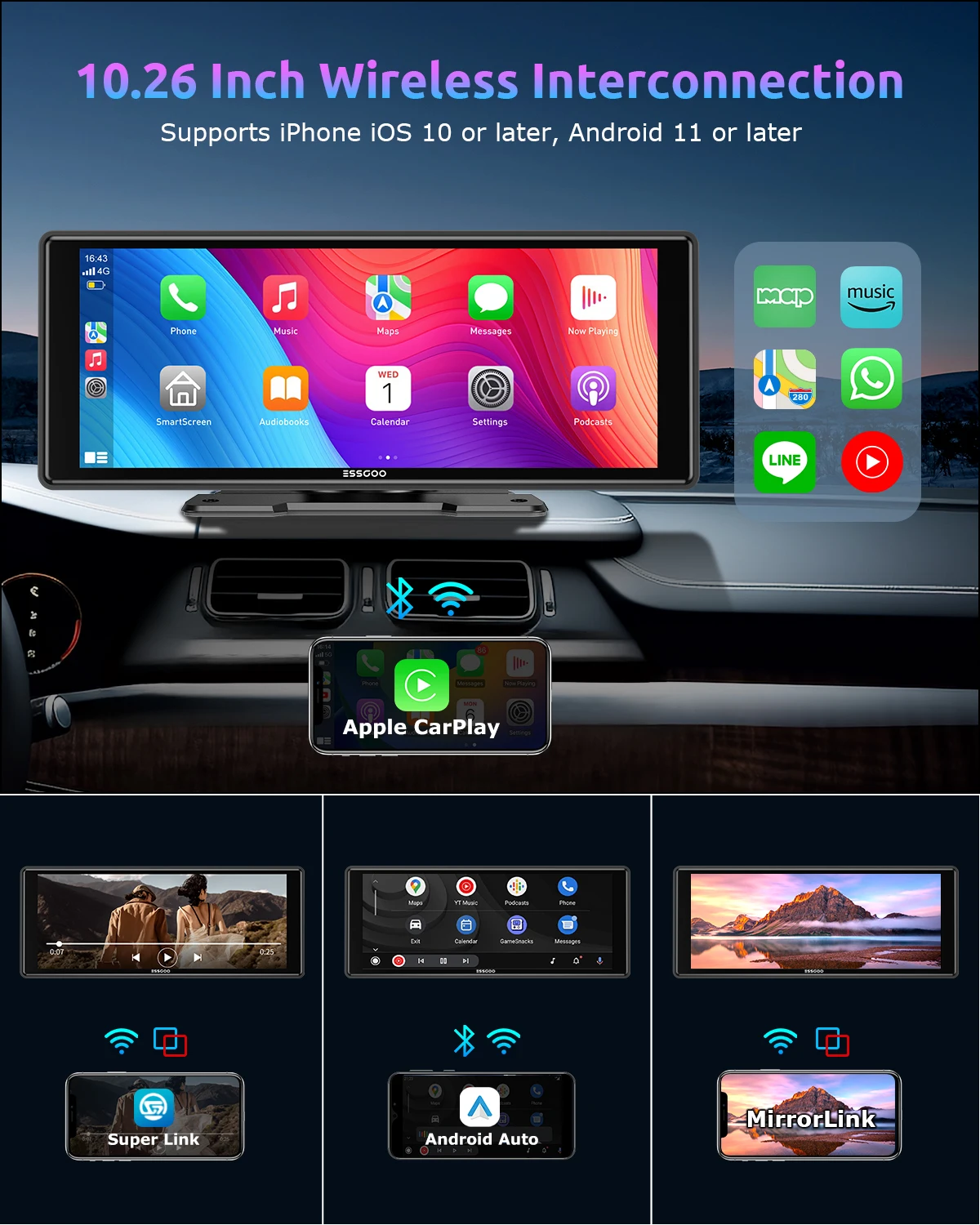 Tela Multimídia Automotiva Portátil ESSGOO 10,26” com CarPlay Sem Fio, Android Auto, Rádio, Player MP5 e Câmera de Ré HD - Imagem 2