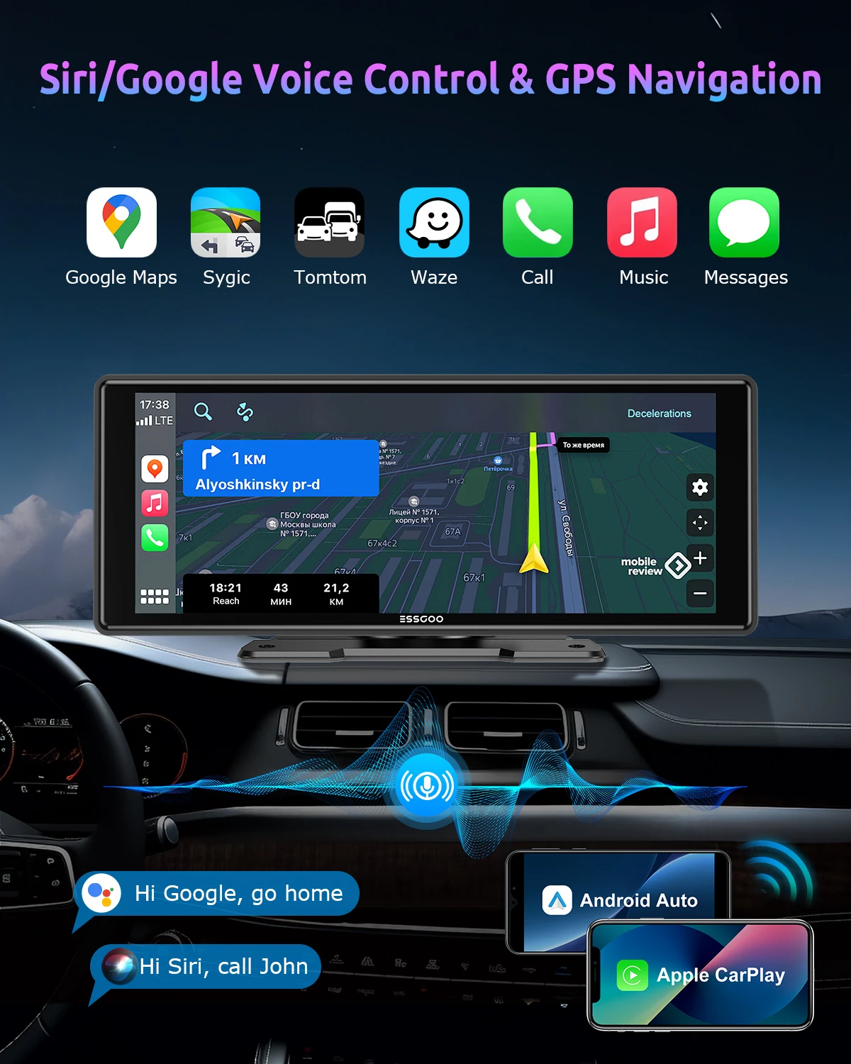 Tela Multimídia Automotiva Portátil ESSGOO 10,26” com CarPlay Sem Fio, Android Auto, Rádio, Player MP5 e Câmera de Ré HD - Imagem 3