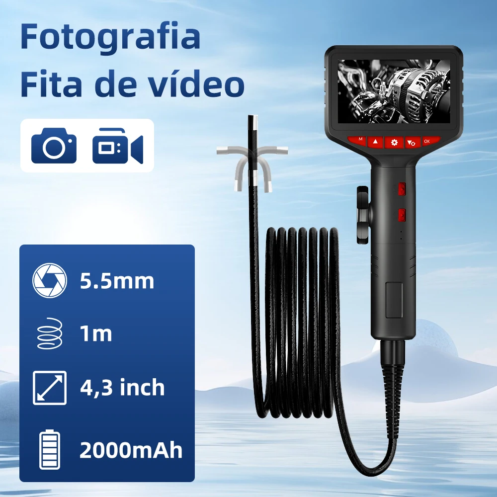 Câmera Endoscópica Articulável 5.5mm 1080P HD com Tela LCD 4.3” Inspeção Automotiva