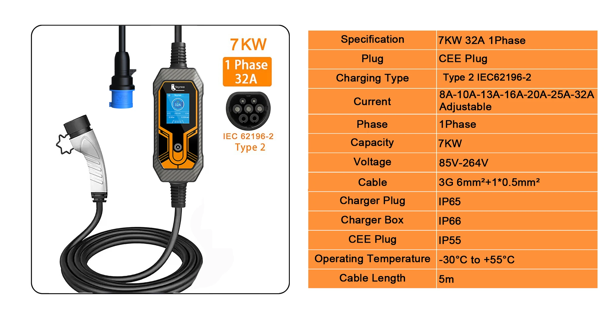 Carregador Portátil Feyree 32A 7kW Tipo 2 para Veículos Elétricos - Imagem 2
