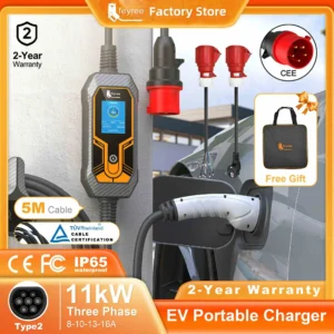 Carregador Portátil Feyree Tipo 2 11kW 16A Trifásico – EVSE com Corrente Ajustável TURBO